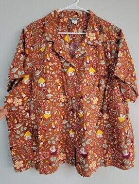 Duluth Trading Untucked Camp Boxy Button Up Garden Gnome Women Size 3X Mushroom